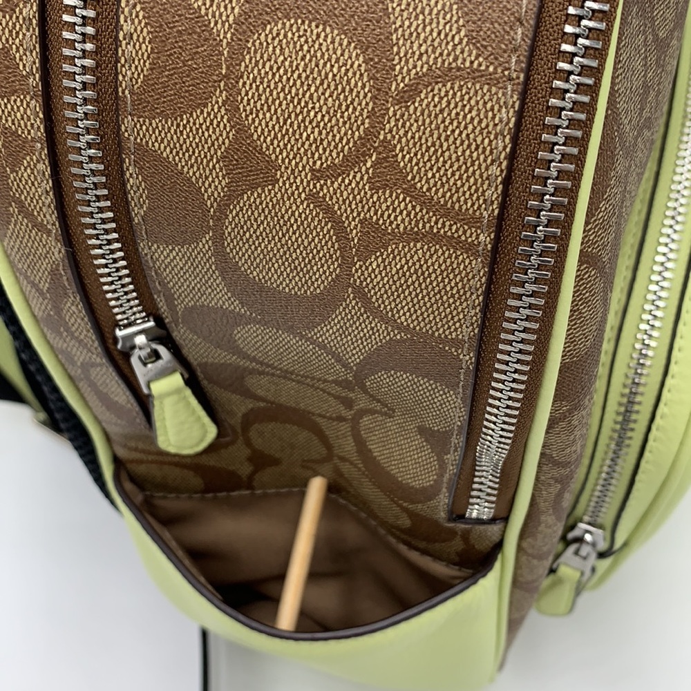 COACH NWT COURT BACKPACK IN SIGNATURE CANVAS KHAKI PALE LIME COLOR - Picture 6 of 16